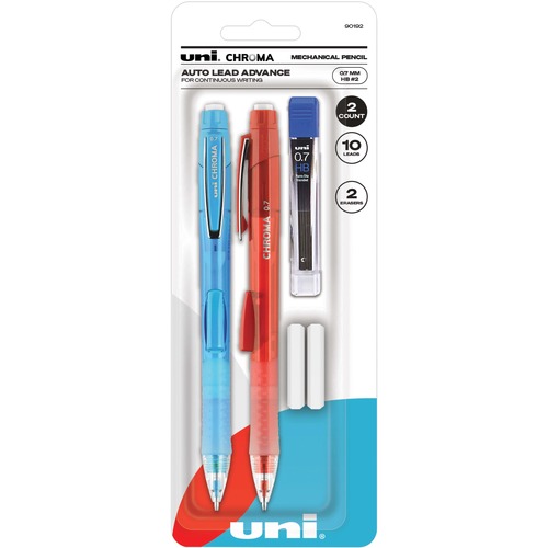uni® CHROMA Mechanical Pencils - HB, #2 Lead - 0.7 mm Lead Diameter - Black Lead - Light Blue, Red Barrel - 2 / Pack