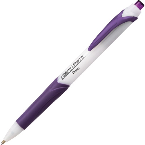 Pentel GlideWrite Ballpoint Pen - Medium, Bold Pen Point - 1 mm Pen Point Size - Retractable - Violet - White Barrel - Metal Tip - 12 / Box