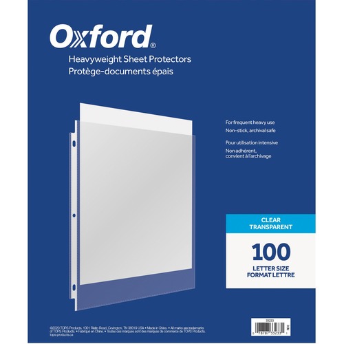 Oxford Sheet Protector - 0" Thickness - For Letter 8 1/2" x 11" Sheet - 3 x Holes - Ring Binder - Clear - 100 / Box - Sheet Protectors - OXF33233