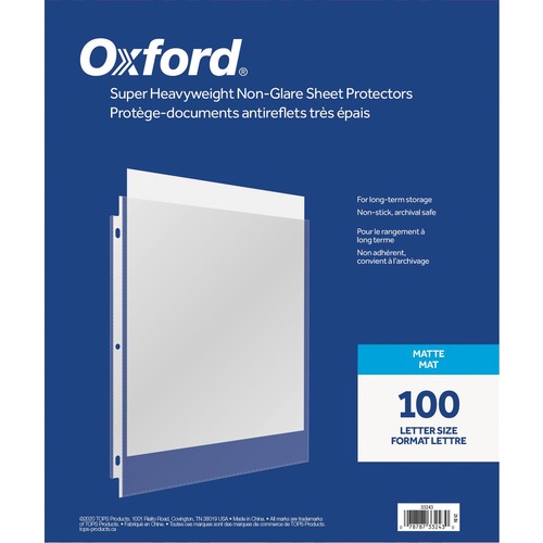 Oxford Sheet Protector - 0" Thickness - For Letter 8 1/2" x 11" Sheet - 3 x Holes - Ring Binder - 100 / Box