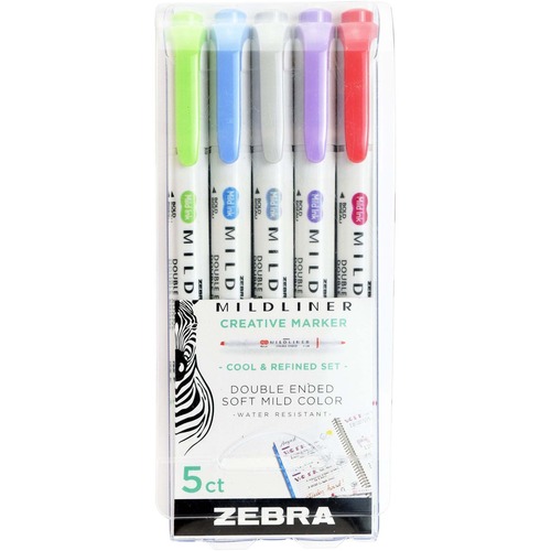 Zebra Pen Mildliner Highlighter 5pk Cool & Refined - Fine Marker Point - Chisel, Bullet Marker Point Style - Fluorescent Assorted Liquid, Water Based Ink - Plastic Barrel - 5 / Pack
