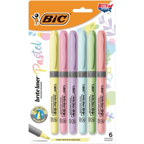 BIC Brite Liner Highlighter - Broad, Fine Marker Point - Chisel Marker Point Style - Assorted Pastel - 6 / Pack - Pen-Style Highlighters - BICGBLDP61