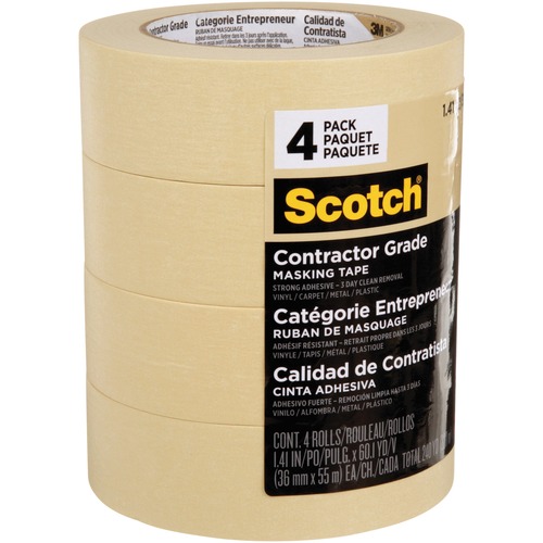 Scotch Contractor Grade Masking Tape 2020 - 60.1 yd (55 m) Length x 1.42" (36 mm) Width - 4.50 mil (0.11 mm) Thickness - Paper - 4 / Roll - Tan