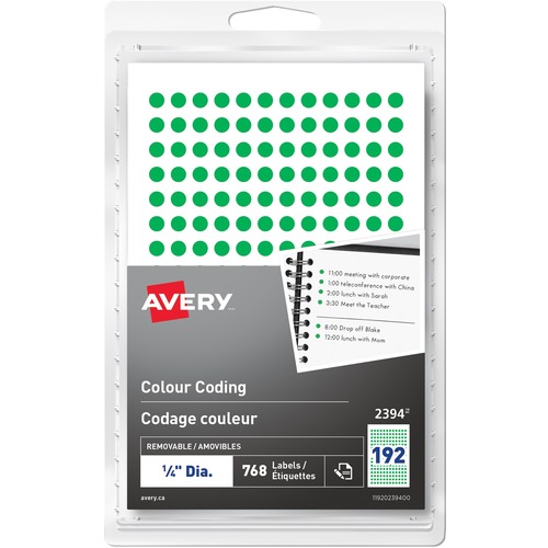Avery® Removable Colour Coding Labels Handwrite, 1/4" - 1/4" Diameter - Removable Adhesive - Round - Green - 192 / Sheet - 4 Total Sheets - 768 Total Label(s) - Multipurpose Labels - AVE2394