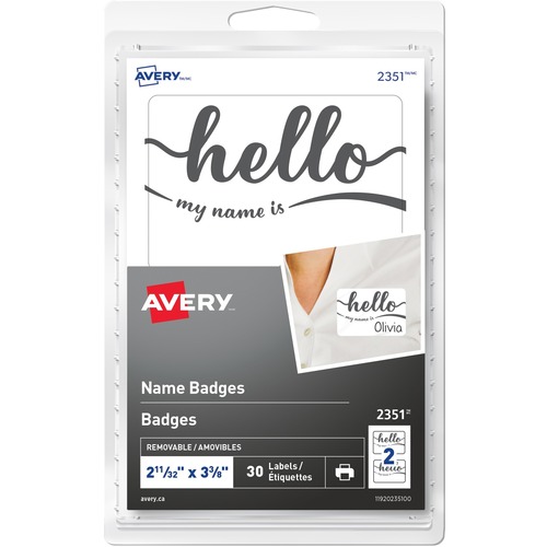 Avery Self-Adhesive "hello my name is" - Removable Name Badge - English - "HELLO my name is"2 11/32" Width x 3 3/8" Length - Removable Adhesive - Rectangle - Laser, Inkjet - White - 15 / Sheet - 2 Total Sheets - 30 Total Label(s) - 30 / Pack