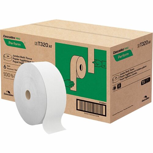 Cascades Perform Jumbo Toilet Paper, 2 Ply, White (T320) - 2 Ply - 3.40" x 1250 ft - 9" Roll Diameter - White - Paper - Hygienic, Chlorine-free - For Multipurpose - 6 / Pack