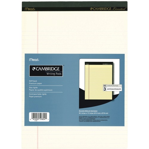 Mead Cambridge Limited Handwriting Pad - 50 Sheets - Wide Ruled - 20 lb Basis Weight - Ivory Paper - Stiff-back, Perforated, Sturdy - 3 / Pack - Handwriting Paper - MEA59804