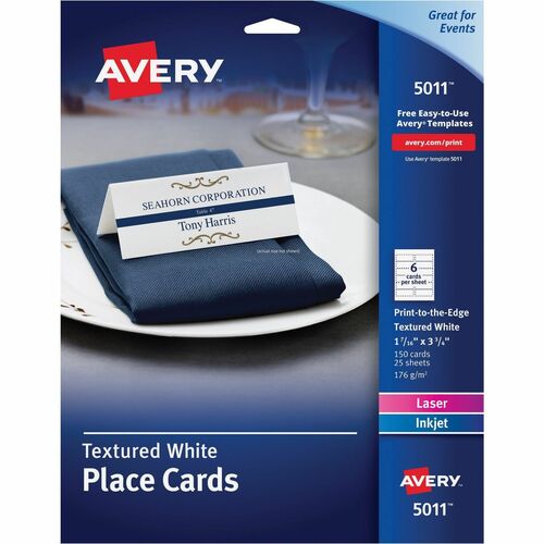 Avery® Place Cards with Sure Feed - 1 7/16" x 3 3/4" - Matte - Double-sided, Foldable, Heavyweight, Textured, Perforated, Print-to-the-edge, Printable - White - 6 Sheets - 750 / Carton