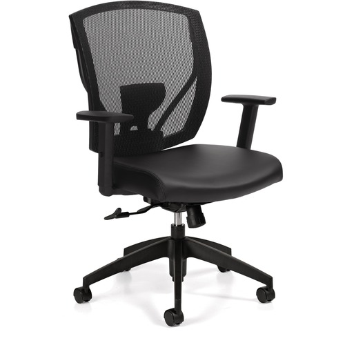 Offices To Go Ibex | Upholstered Seat & Mesh Back Tilter - Bonded Leather Seat - Mesh Back - Mid Back - 5-star Base - Black - Luxhide - Armrest - 1 Each