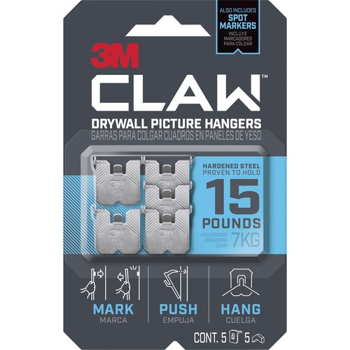 3M CLAW Drywall Picture Hanger - 15 lb (6.80 kg) Capacity - for Pictures, Mirror, Decoration, Art, Home - Gray - 5 / Pack