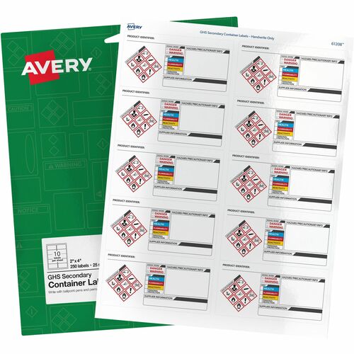 Avery® GHS Secondary Container Preprinted Labels - Waterproof - "DANGER" Width - Permanent Adhesive - Rectangle - Assorted - Film - 10 / Sheet - 125 Total Sheets - 1250 Total Label(s) - 5 / Carton - Water Resistant - Permanent Adhesive, Preprinted, Ch