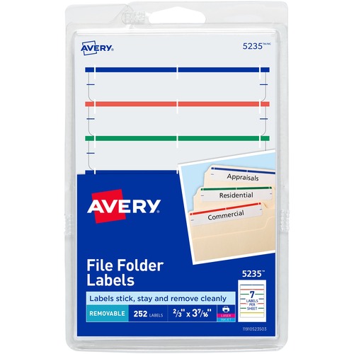 Avery® Removable File Folder Labels - 2/3" Width x 3 7/16" Length - Removable Adhesive - Rectangle - Laser, Inkjet - Assorted, Dark Blue, Dark Red, Green, Yellow - Paper - 7 / Sheet - 648 Total Sheets - 4536 Total Label(s) - 18 / Carton