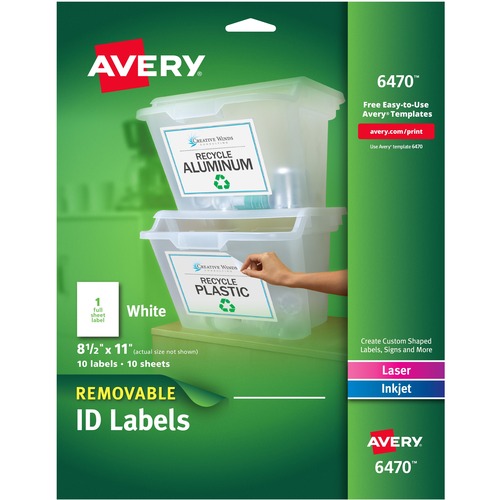 Avery® Removable I.D. Laser/Inkjet Labels - 8 1/2" Width x 11" Length - Removable Adhesive - Rectangle - Laser, Inkjet - White - Paper - 1 / Sheet - 50 Total Sheets - 50 Total Label(s) - 5 / Carton