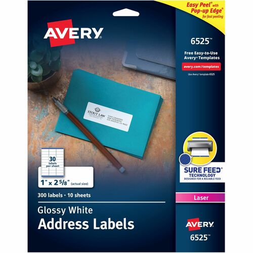 Avery® Easy Peel Glossy Address Labels - 1" Width x 2 5/8" Length - Permanent Adhesive - Rectangle - Laser, Inkjet - Glossy - White - Paper - 30 / Sheet - 10 Total Sheets - 300 Total Label(s) - Permanent Adhesive, Peel & Stick, Pop Up Edge - 1500 / Ca