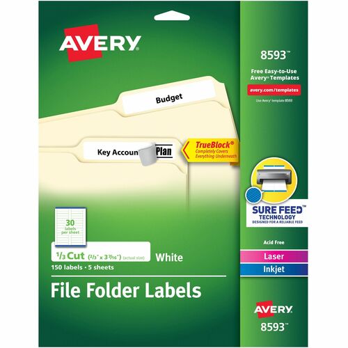 Avery® TrueBlock File Folder Labels - 2/3" Width x 3 7/16" Length - Permanent Adhesive - Rectangle - Laser, Inkjet - White - Paper - 30 / Sheet - 20 Total Sheets - 600 Total Label(s) - 150 / Pack - 4 / Carton