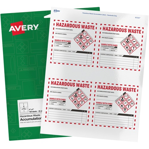 Avery® Preprinted HAZARDOUS WASTE Handwrite Labels - Waterproof - "DANGER" Width - Permanent Adhesive - Rectangle - Assorted - Film - 4 / Sheet - 125 Total Sheets - 500 Total Label(s) - 5 / Carton - Water Resistant - Permanent Adhesive, Preprinted, Ch