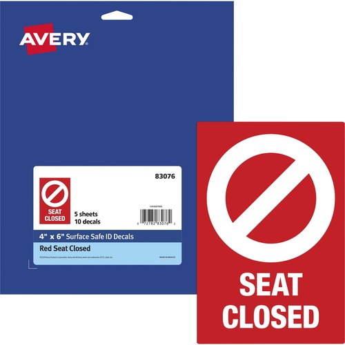 Avery® Surface Safe SEAT CLOSED Chair Decals - 10 / Pack - Seat Closed Print/Message - 4" Width x 6" Height - Rectangular Shape - Water Resistant, Pre-printed, Chemical Resistant, Abrasion Resistant, Tear Resistant, Durable, UV Resistant, Residue-free