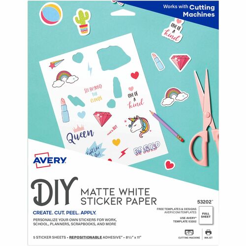 Avery® Matte White Sticker Project Paper - Letter - 8 1/2" x 11" - 30 / Carton - Printable, Removable Adhesive, Die-cut, Repositionable, Lignin-free - Matte White