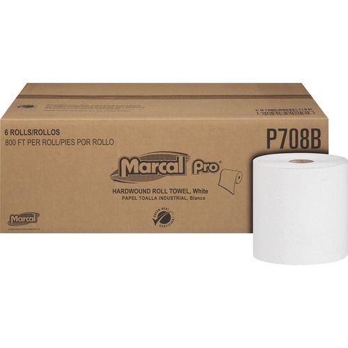 Marcal Hardwound Roll Towel - 1 Ply - 7.87" x 800 ft - White - Paper - 6 / Carton