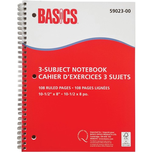 Basics Notebook - 108 Pages - Wire Bound - Ruled - 3 Hole(s) - Hole-punched - 5 / Pack