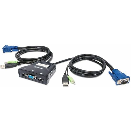 Manhattan KVM Switch Mini 2-Port, 2x USB-A, Cables included, Audio Support, Control 2x computers from one pc/mouse/screen, Black, Lifetime Warranty, Boxed - 2 Computer(s) - 1 Local User(s) - 1920 x 1440 - 4 x USB3 x VGA