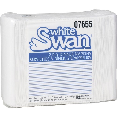White Swan Table Napkin - 2 Ply - 15" x 16" - White - Embossed, Biodegradable, Wet Strength - For Dinner - 188 / Pack - Paper Napkins - KRI07655