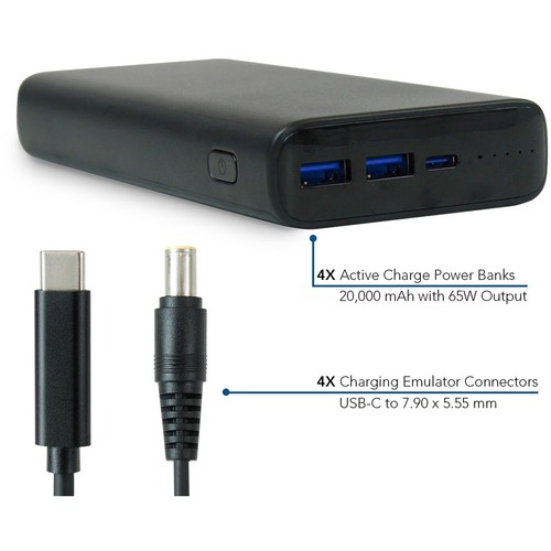 JAR Systems Active Charge Power Bank 4-Pack with Lenovo Connectors 4-Pack - ACTIV-BNK - 20,000 mAh Active Charge Power Banks 65W Output - Mobile USB-C PD Charging with Power Banks and Charging Cables for Devices - 7.90 x 5.55 mm Included Emulator Adapter 