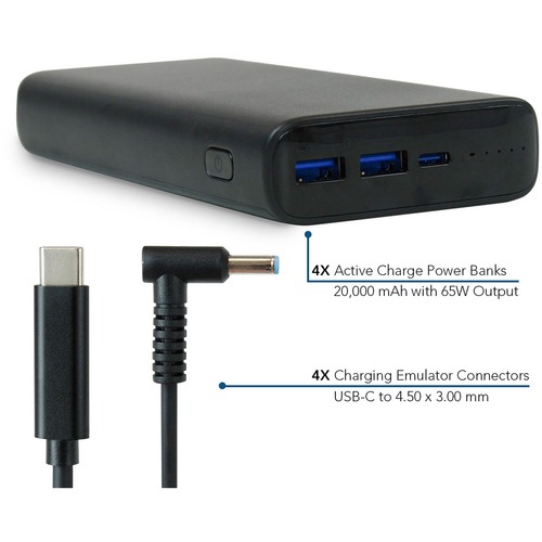 JAR Systems Active Charge Power Bank 4-Pack with HP Connectors 4-Pack - ACTIV-BNK - 20,000 mAh Active Charge Power Banks 65W Output - Mobile USB-C PD Charging with Power Banks and Charging Cables for Devices - 4.50 x 3.00 mm Included Emulator Adapter Cabl