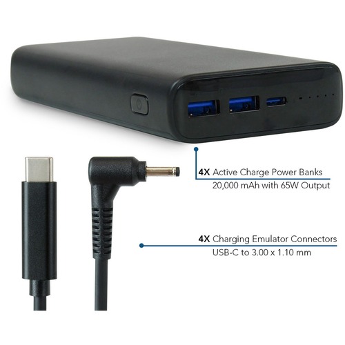 JAR Systems Active Charge Power Bank 4-Pack with Acer Connectors 4-Pack - ACTIV-BNK - 20,000 mAh Active Charge Power Banks 65W Output - Mobile USB-C PD Charging with Power Banks and Charging Cables for Devices - 3.00 x 1.10 mm Included Emulator Adapter Ca
