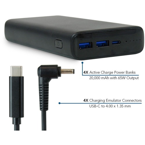 JAR Systems Active Charge Power Bank 4-Pack with Asus Connectors 4-Pack - ACTIV-BNK - 20,000 mAh Active Charge Power Banks 65W Output - Mobile USB-C PD Charging with Power Banks and Charging Cables for Devices - 4.00 x 1.35 mm Included Emulator Adapter Ca