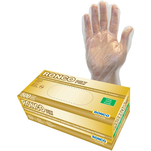 RONCO Poly Polyethylene Disposable Glove - Large Size - For Right/Left Hand - Polyethylene, Poly - Clear - Latex-free, Flexible, Disposable - For Food Service, Aquaculture, Fishing, Household, Painting, Food Preparation, Hospitality, Janitorial Use, Sanit