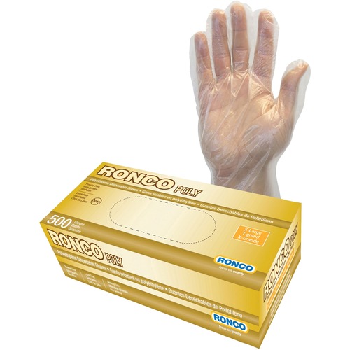 RONCO Poly Polyethylene Disposable Glove - Extra Large Size - For Right/Left Hand - Polyethylene, Poly - Clear - Latex-free, Flexible, Disposable - For Food Service, Aquaculture, Fishing, Household, Painting, Food Preparation, Hospitality, Janitorial Use, - Gloves - RON144