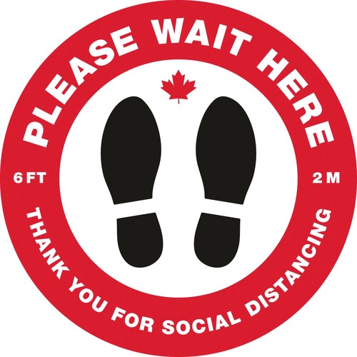 Avery® "Please Wait Here" Social Distancing Floor Decals - 5 / Pack - PLEASE WAIT HERE Print/Message - Round Shape - UV Coated, Removable, Water Resistant, Durable, Scuff Resistant, Peel & Stick - Vinyl - Red