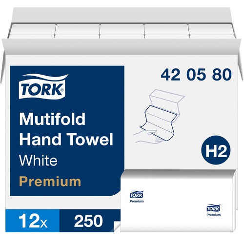 TORK Premium Multifold Hand Towel - 1 Ply - Multifold - 9" x 9.50" - White - Paper - Absorbent, Quick Drying - For Hand, Washroom - 250 / Sleeve