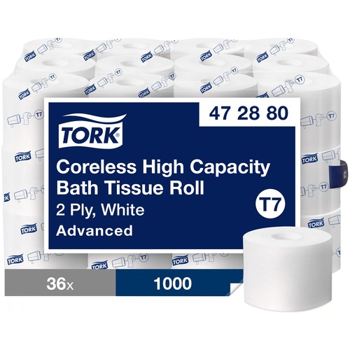 TORK Advanced Coreless High Capacity Bath Tissue - 2 Ply4" Length - 1000 Sheets/Roll - 4.75" Roll Diameter - White - 36 / Carton