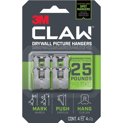 3M CLAW Drywall Picture Hanger - 25 lb (11.34 kg) Capacity - for Pictures,  Project, Mirror, Frame, Art, Home, Decoration - Steel - Gray - 4 / Pack -  Plano Office Supply