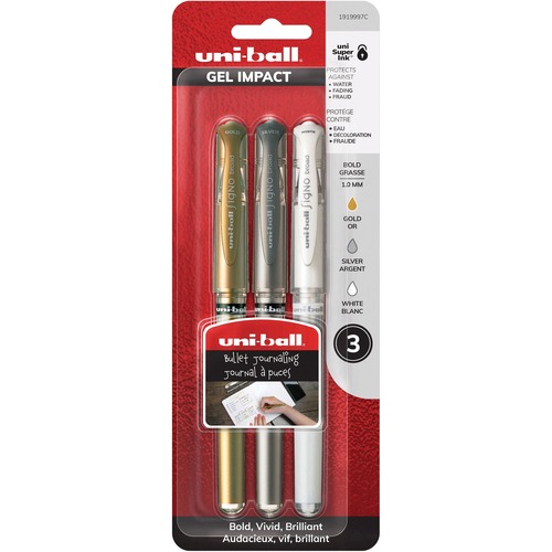 uniball™ Gel Impact Gel Pen - 1 mm (0.04") Bold Pen Point - Gold, Silver, White Ink - Liquid Gel Ink - 3