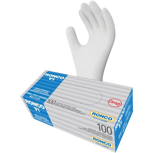 RONCO V1 Disposable Vinyl Gloves Small Clear 100/box - 7 Size Number - Small Size - For Right/Left Hand - Smooth - Vinyl - Clear - Disposable, Lightweight, Latex-free, Non-sterile, Beaded Cuff - For Food, Beauty Salon, Industrial, General Purpose, Food Pr