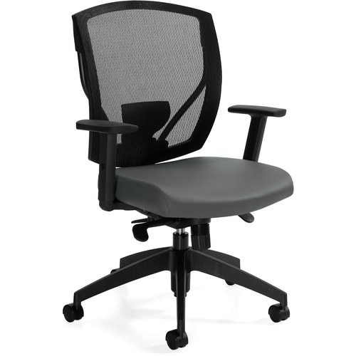 Offices To Go Ibex | Upholstered Seat & Mesh Back Synchro-Tilter - Charcoal Luxhide, Bonded Leather Seat - Black Back - 5-star Base