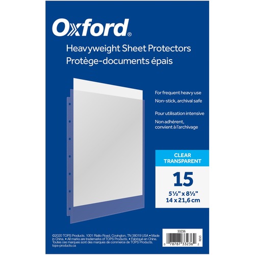 Oxford Sheet Protector - 5 1/2" x 8 1/2" Sheet - 7 x Holes - Ring Binder - Top Loading - 15 / Pack - Sheet Protectors - OXF33236