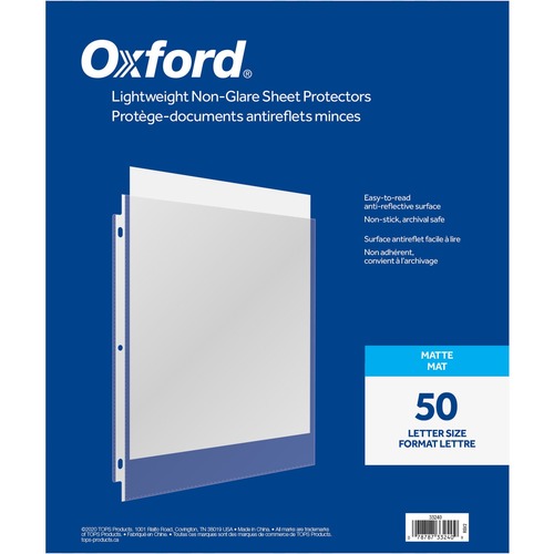 Oxford Sheet Protector - 0" Thickness - For Letter 8 1/2" x 11" Sheet - 3 x Holes - Ring Binder - Top Loading - Clear - Polypropylene - 50 / Box