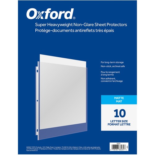 Oxford Sheet Protector - 0" Thickness - For Letter 8 1/2" x 11" Sheet - 3 x Holes - Ring Binder - Top Loading - Clear - Polypropylene - 10 / Pack - Sheet Protectors - OXF33231