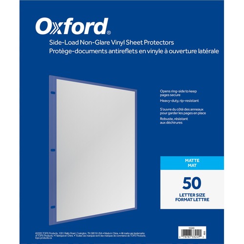 Oxford Sheet Protector - 0" Thickness - For Letter 8 1/2" x 11" Sheet - 3 x Holes - Ring Binder - Side Loading - Clear - Vinyl, Polypropylene - 50 / Box