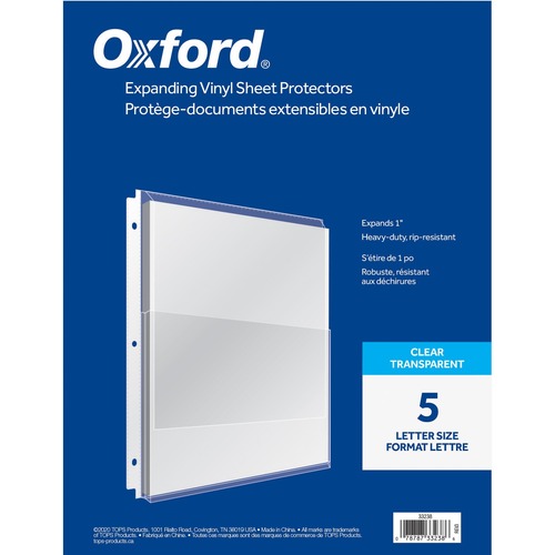 Oxford Sheet Protector - 0" Thickness - 1" Maximum Capacity - For Letter 8 1/2" x 11" Sheet - 3 x Holes - Top Loading - Clear - Vinyl - 5 / Pack