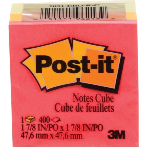 Post-it® Notes Cube 2" x 2" Canary Wave Colours 400 Sheets/pad - 2" x 2" - Square - 400 Sheets per Pad - Yellow - Repositionable, Self-adhesive - 400 / Pad