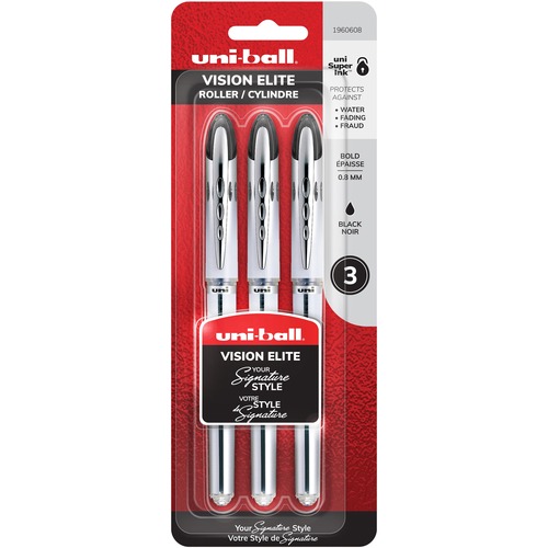 uni-ball Vision Elite Roller Pens 0.8mm Black 3/pkg - 0.8 mm Pen Point Size - Black - Pearl Barrel - Stainless Steel, Tungsten Carbide Tip - 3 / Pack