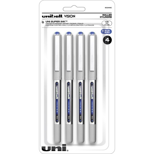 uniball™ Vision Roller Pens 0.7 mm Blue with Grey Barrel 4/pkg - 0.7 mm (0.03") Pen Point - Black Ink - Blue Barrel - 4 / Pack