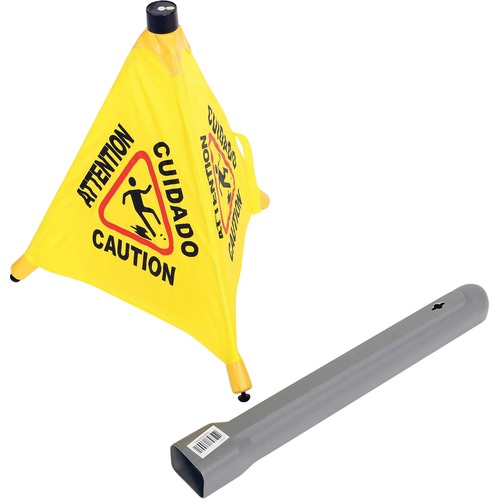 Globe Caution Sign - 1 / Each - CAUTION, Attention, Cuidado Print/Message - 16" (406.40 mm) Width x 18" (457.20 mm) Height - Cone Shape - Lightweight, Bilingual, Foldable, Easy to Use, Reflective - Fabric - Yellow, Black