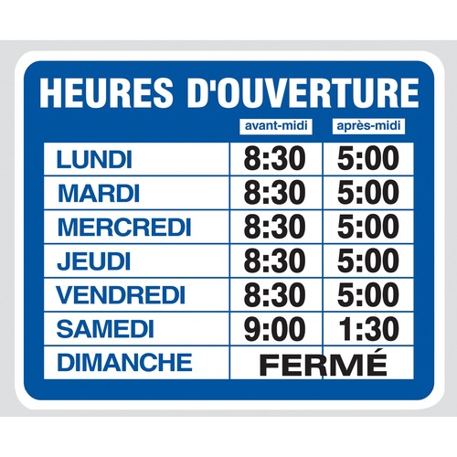Identity Group Business Hours Sign Kit Electrostatic French - Business Hour Print/Message - Rectangular Shape