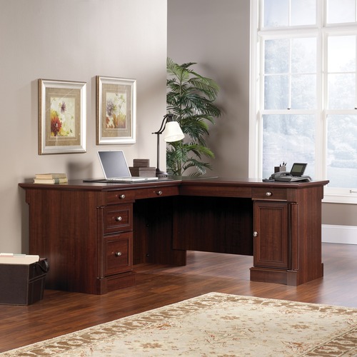 Sauder L-Shaped Desk - 65.1" x 68.7" x 29.6" - File Drawer(s) - Material: Metal Runner - Finish: Select Cherry, Silver Hardware